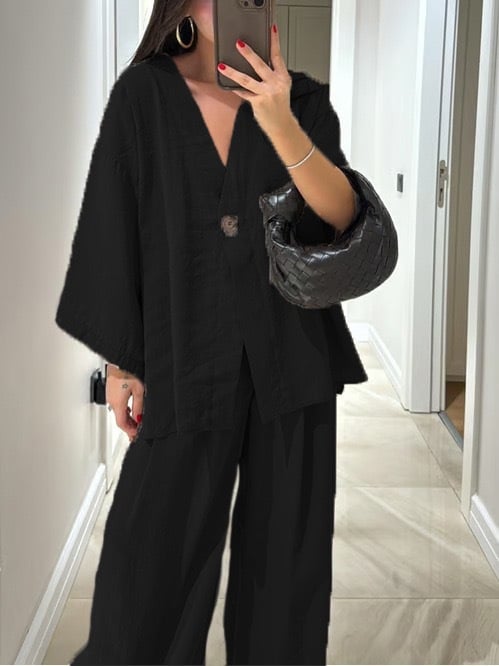 Women's V-neck button cotton and linen casual suit