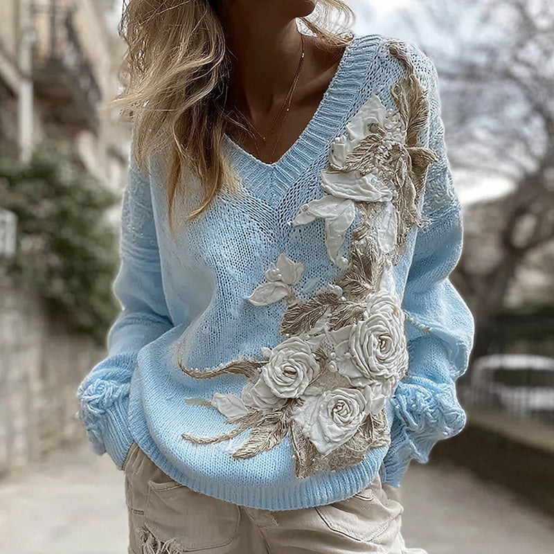 Women's White Rose Knitted Warm V-neck Sweater