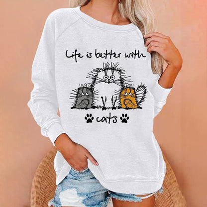 "Life Is Better With Cats" Printed Casual Sweatshirt