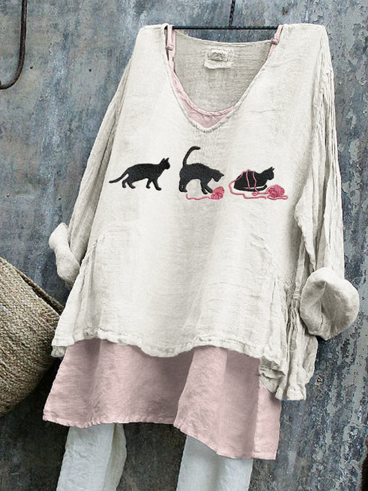 Black Cats With Pink Yarn Balls Embroidered Linen Tunic
