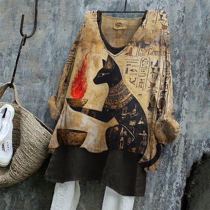 Ancient Egyptian Black Cat & Flame Art Flowy Linen Tunic