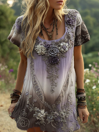 Classy Purple Lavender And Floral Embroidered Linen Short Sleeve T-shirt