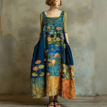 Women's Vintage Oil Painting Water Lily And Black Cat Art Print Sleeveless Midi Dress