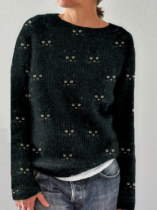 Cute Cat Face Pattern Crew Neck Cozy Sweater