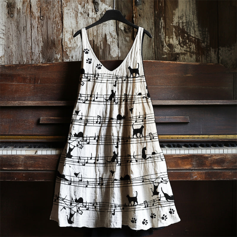 Black Cats & Paw Prints Sheet Music Linen Dress