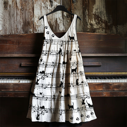 Black Cats & Paw Prints Sheet Music Linen Dress