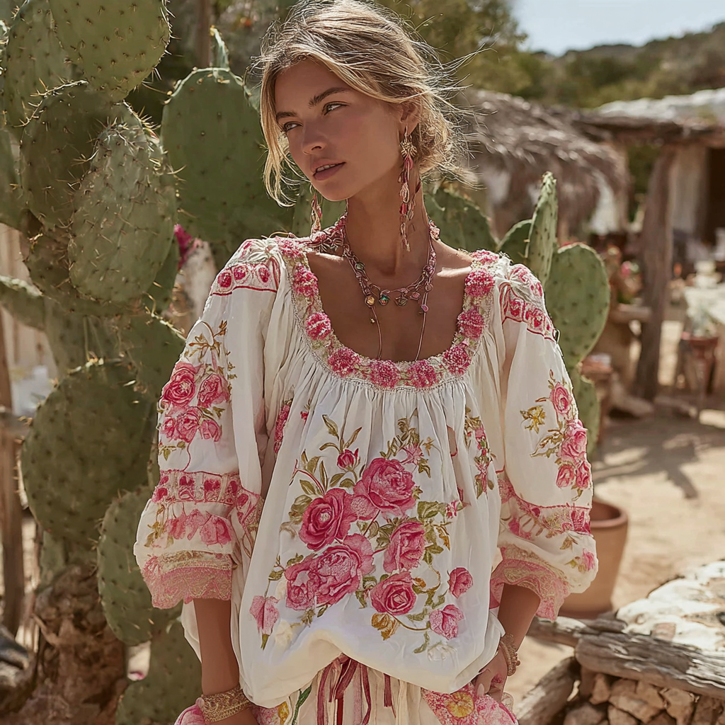 Women's Vintage Floral Embroidered Linen Crew Neck T-shirt