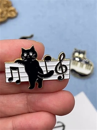 Lovely Black Cat Music Note Brooch