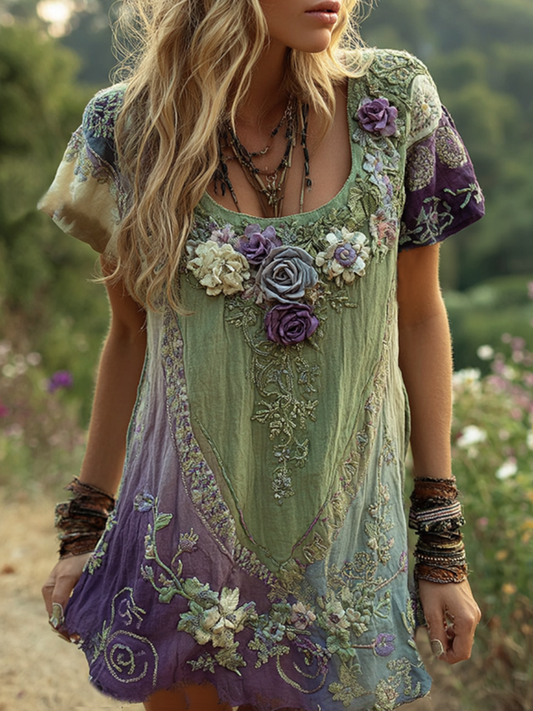 Classy Purple Lavender And Floral Embroidered Linen Short Sleeve T-shirt
