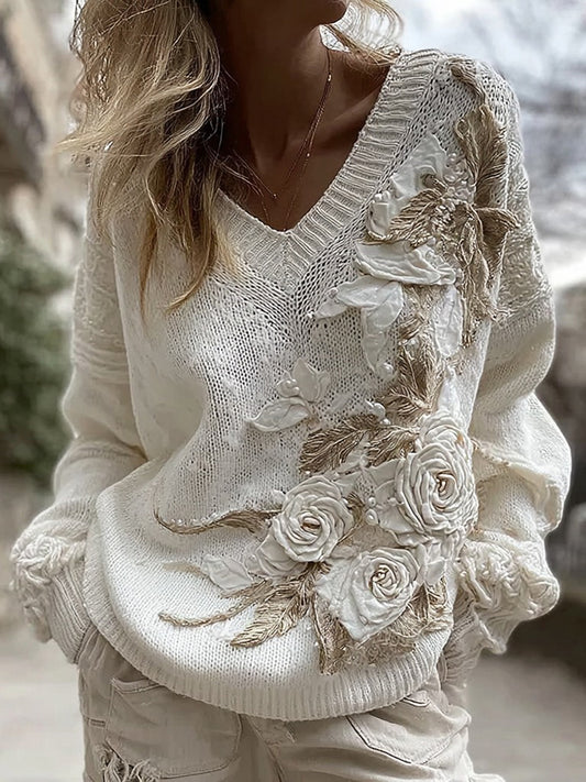 Women's White Rose Knitted Warm V-neck Sweater