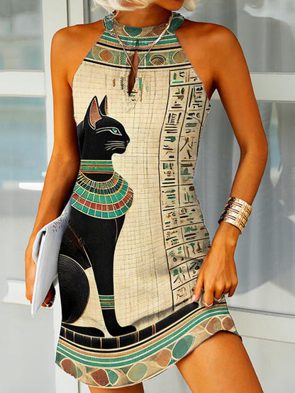 Women's Egyptian Buster Cat Art Halter Neck Dress