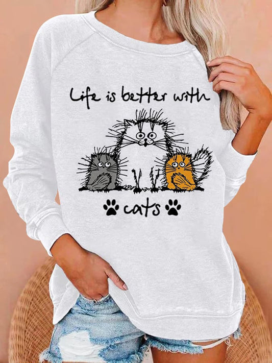 "Life Is Better With Cats" Printed Casual Sweatshirt