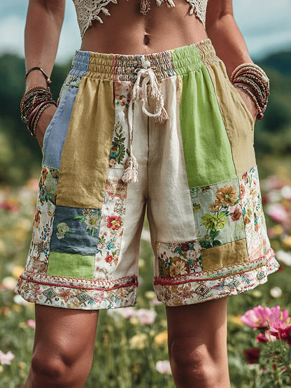 Women's Patchwork Floral Contrast Waist Drawstring Pocket Shorts