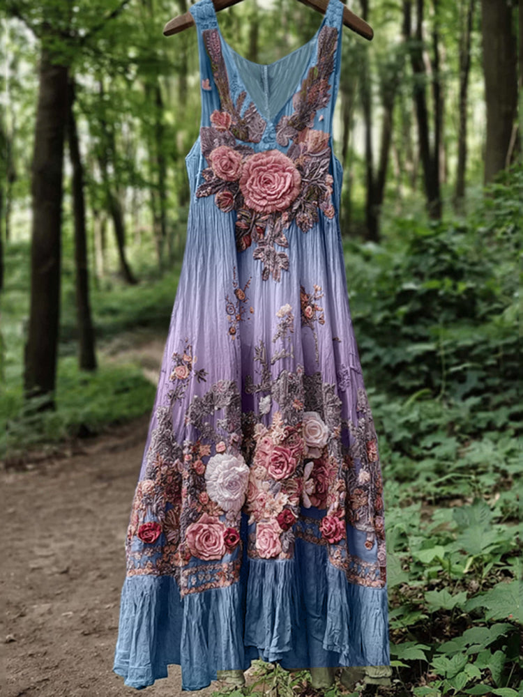 Vintage Classy Boho Gradient Pink Roses Embroidered Linen Maxi Dress