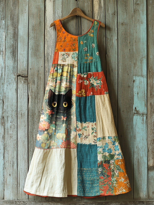 Women's Retro Cute Cat And Floral Patch Work Sleeveless Dress