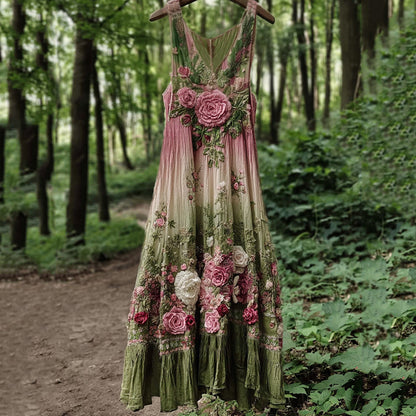 Vintage Classy Boho Gradient Pink Roses Embroidered Linen Maxi Dress