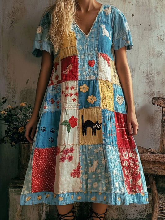 Vintage Abstract Creative Cute Cat In Floral Art Embroidered Cozy Linen Short Sleeve Dress