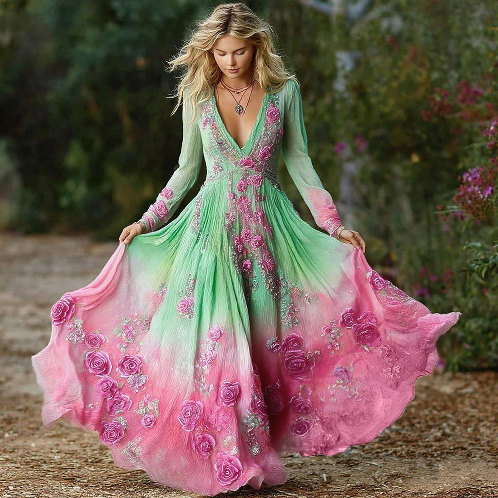 Women's Vintage Purple Rose Art Pattern Gradient Long Sleeve Dress