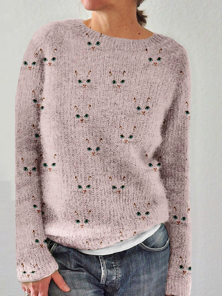 Cute Cat Face Pattern Crew Neck Cozy Sweater