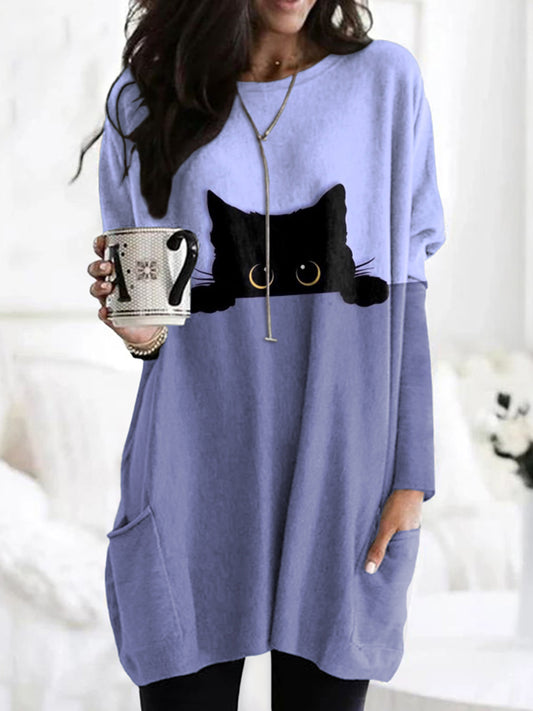 Abstract Creative Peek-A-Boo Black Cat Painting Art Print Cozy Tunic