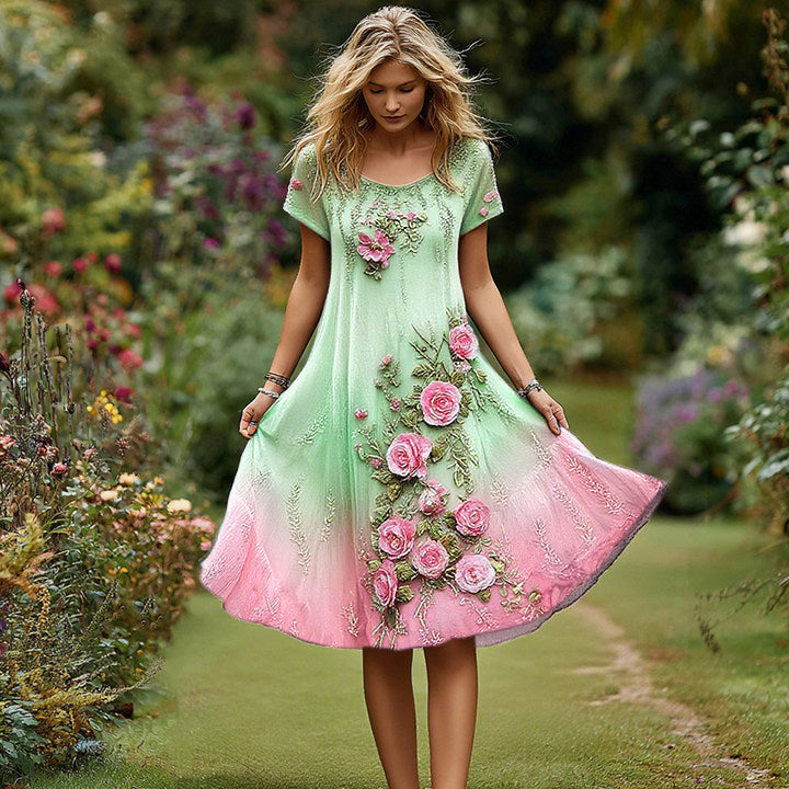 Women's Retro Floral Embroidery Gradient Pattern Round Neck Short Dress