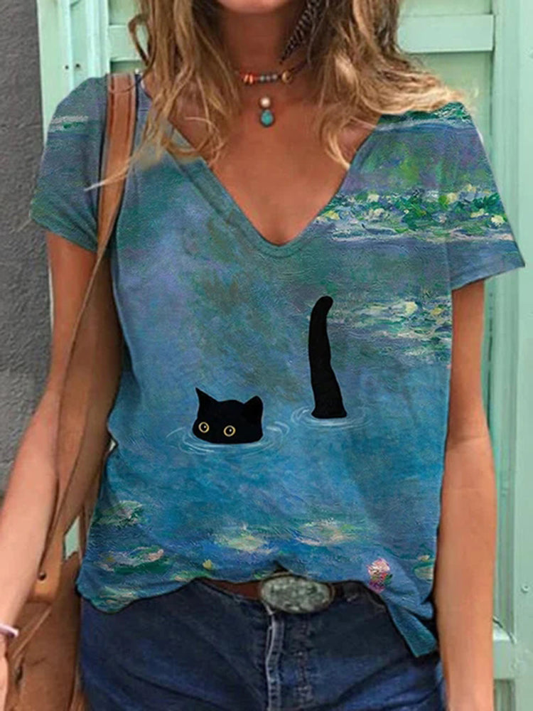 Waterlily And Black Cat Print Casual T-Shirt