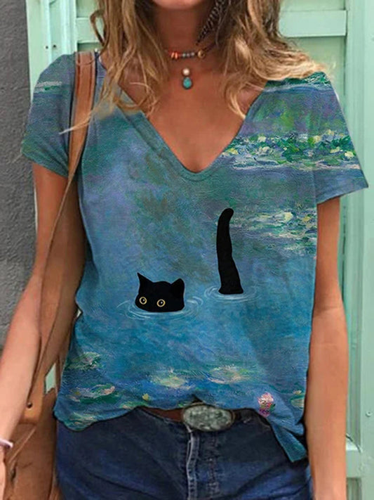 Waterlily And Black Cat Print Casual T-Shirt