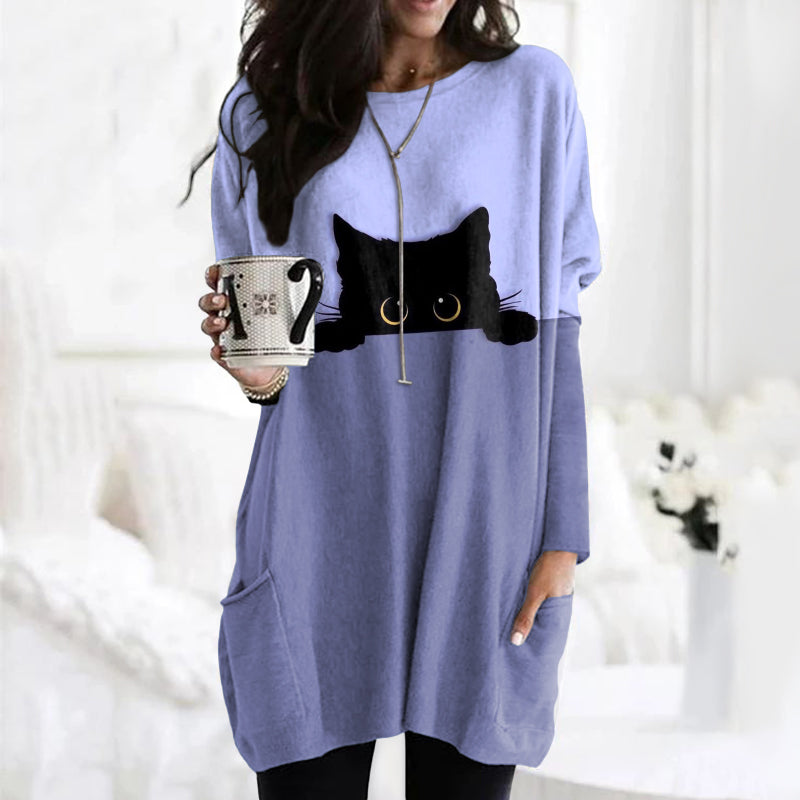 Abstract Creative Peek-A-Boo Black Cat Painting Art Print Cozy Tunic