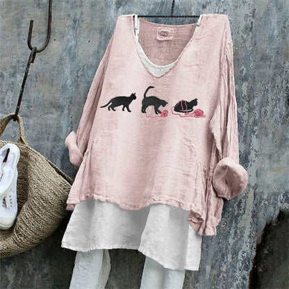 Black Cats With Pink Yarn Balls Embroidered Linen Tunic