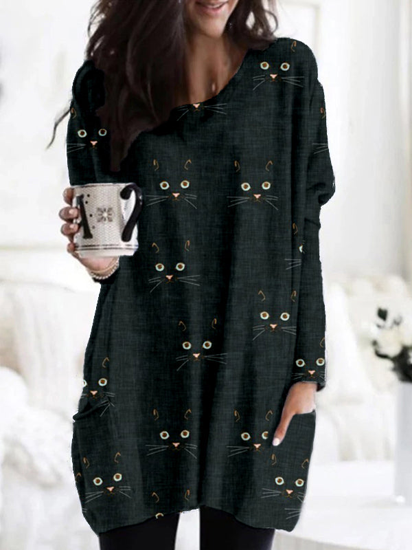 Cute Cat Face Pattern Patch Pocket Comfy Tunic