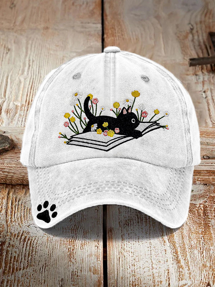 Cute Lying On The Book Cat Embroidered Art Cap