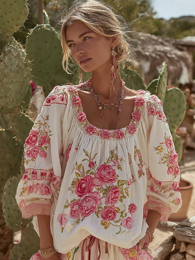 Women's Vintage Floral Embroidered Linen Crew Neck T-shirt