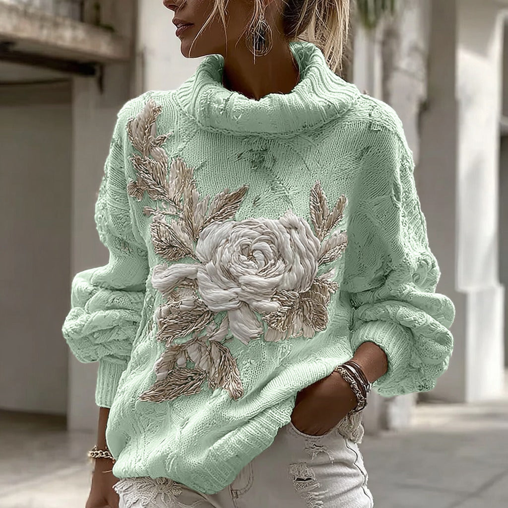 Women's Vintage White Rose Chunky Knit Turtleneck Sweater