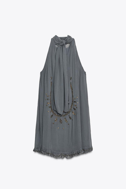 EMBROIDERED HALTER DRESS