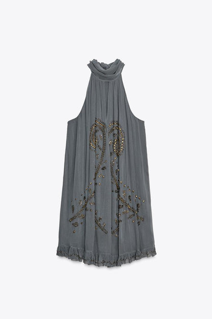 EMBROIDERED HALTER DRESS