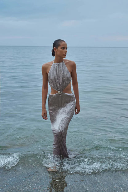 Maxi Dress Silver in Satin