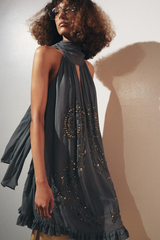 EMBROIDERED HALTER DRESS