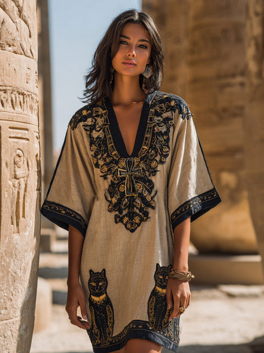 Women's Egyptian Black Cat Art Casual V Neck Linen Dress