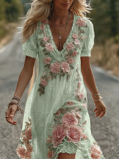 Women's Vintage Floral Embroidery V Neck Casual Midi Dress
