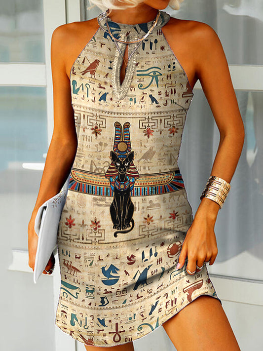 Women's Vintage Ancient Egyptian Cat Art Neck Dress