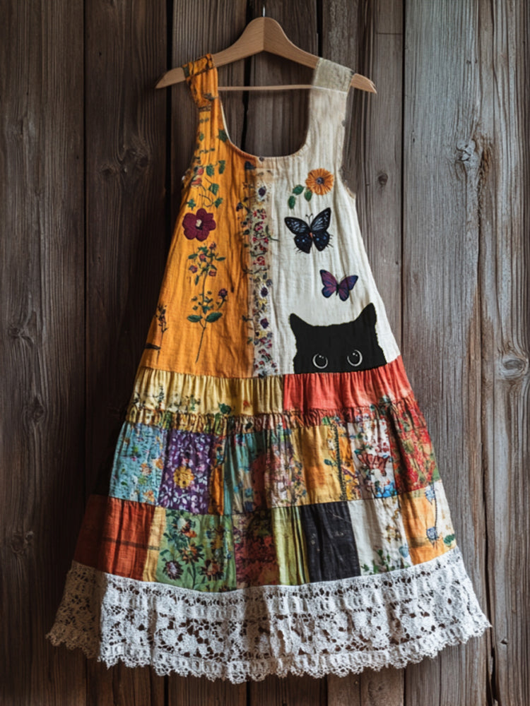 Vintage Abstract Creative Black Cat Peeking With Floral Patchwork Art Linen Tank Dress