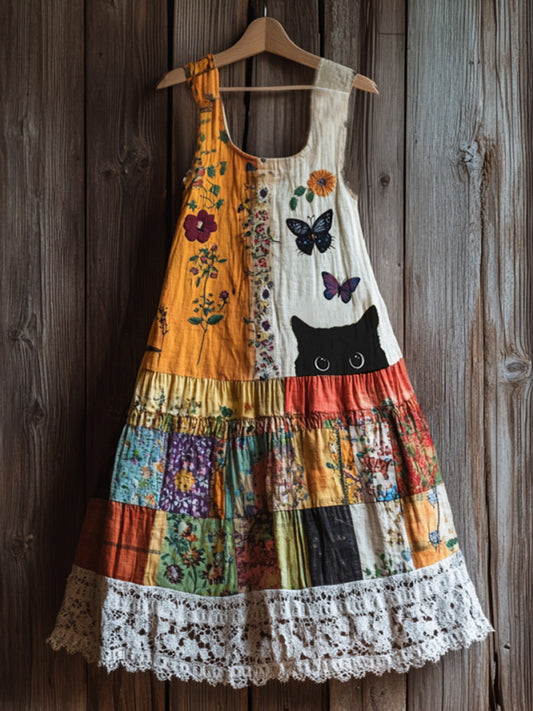 Vintage Abstract Creative Black Cat Peeking With Floral Patchwork Art Linen Tank Dress