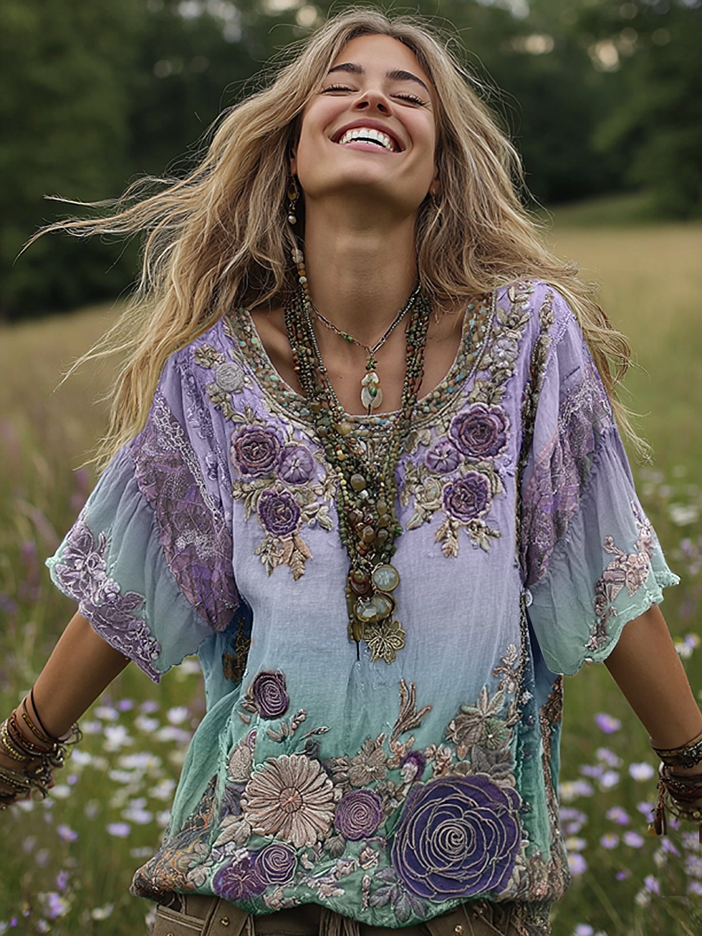 Classy Gradient Purple Lavender And Floral Embroidered Linen Short Sleeve T-shirt