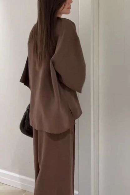 Women's V-neck button cotton and linen casual suit