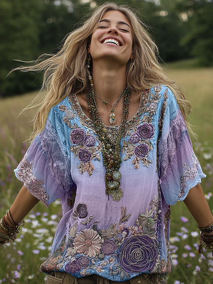 Classy Gradient Purple Lavender And Floral Embroidered Linen Short Sleeve T-shirt
