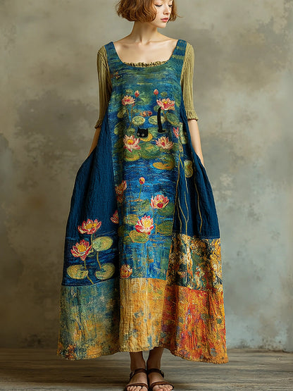 Women's Vintage Oil Painting Water Lily And Black Cat Art Print Sleeveless Midi Dress