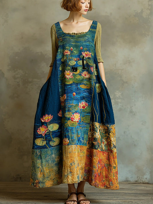 Women's Vintage Oil Painting Water Lily And Black Cat Art Print Sleeveless Midi Dress