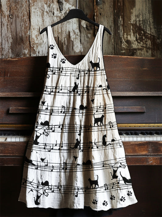 Black Cats & Paw Prints Sheet Music Linen Dress