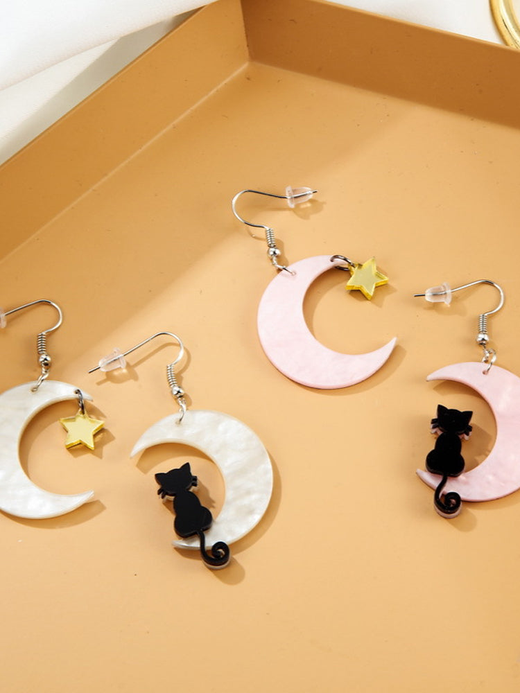 Cartoon Black Cat And Moon Earrings