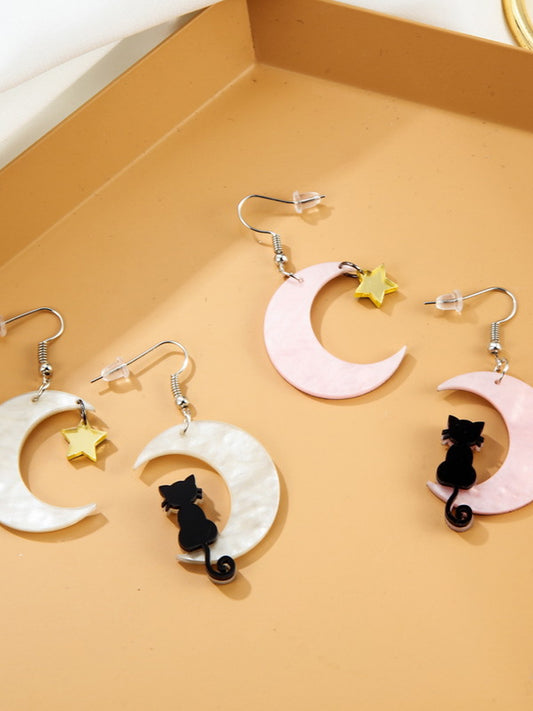 Cartoon Black Cat And Moon Earrings